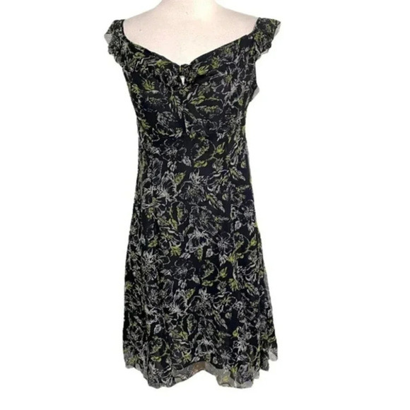 Nine West 4P black green white 100%‎ silk ruffle cap sleeve dress Y2K Whimsigoth - Picture 1 of 6